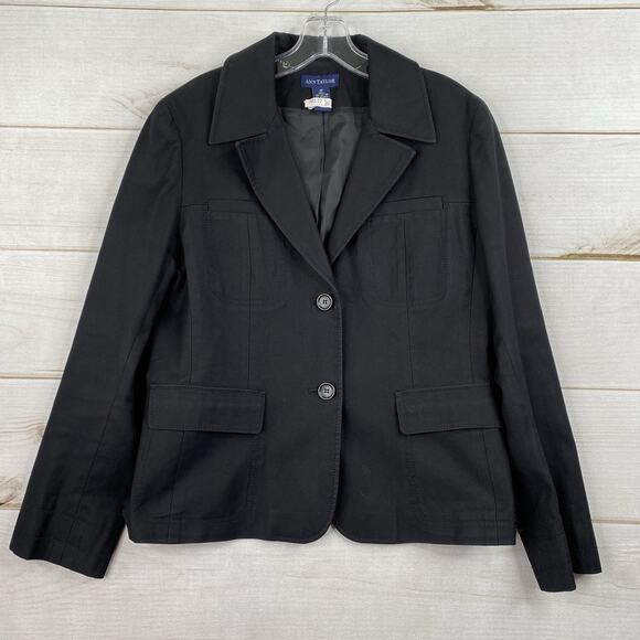 Ann Taylor Blazer Jacket Womens 10 Black Stretch Cotton Lined Two Button Casual - Picture 1 of 10